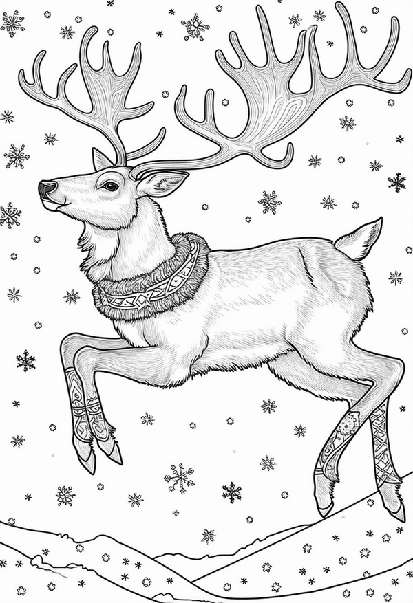 Reindeer flying through the night sky coloring page