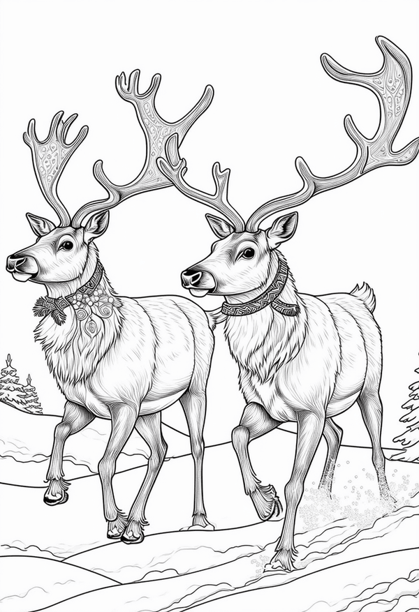 reindeers gliding through snow coloring page