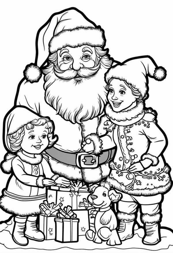 Santa and his helpers making toys coloring page