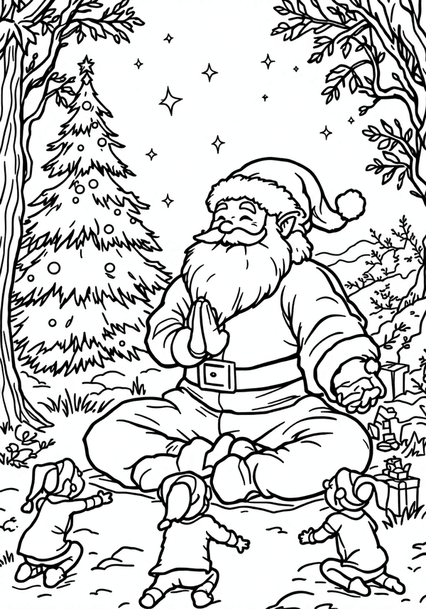 Santa Claus doing yoga with elves coloring page