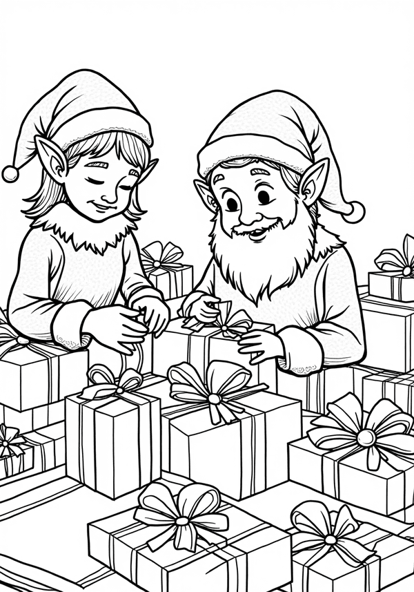 Santa’s elves wrapping gifts coloring page