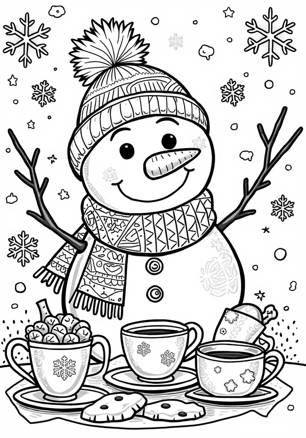 Snowman having a hot chocolate party coloring page