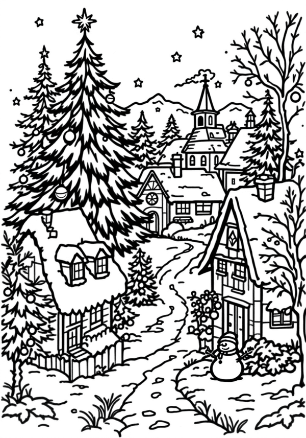 Snowy village on Christmas Eve coloring page