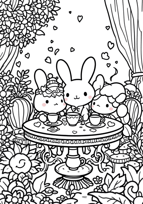 Cinnamoroll having tea with friends coloring page