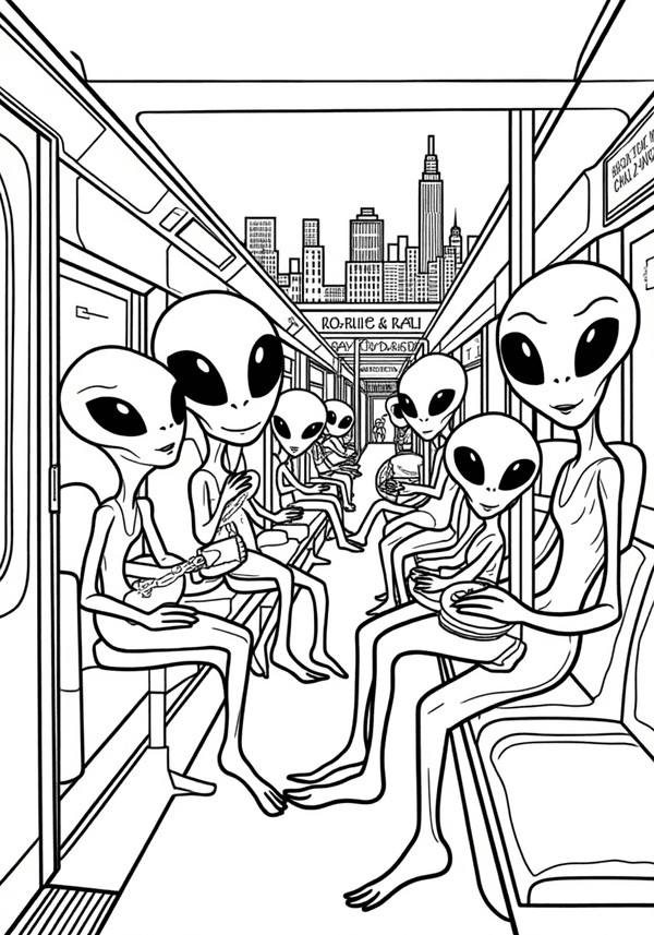 Aliens riding subway to downtown coloring page