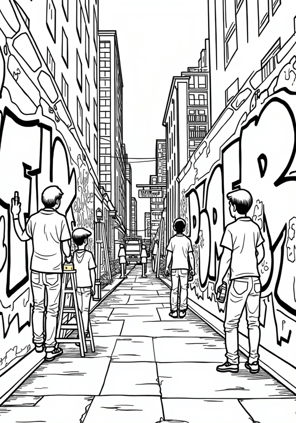 Artists painting murals on alley walls coloring page