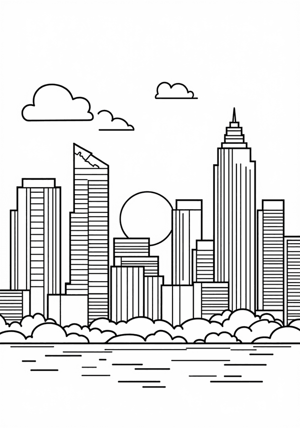 Building skyscrapers at sunrise coloring page