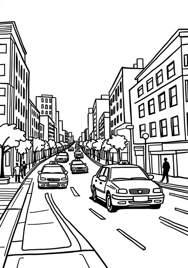 Busy city street with taxis coloring page