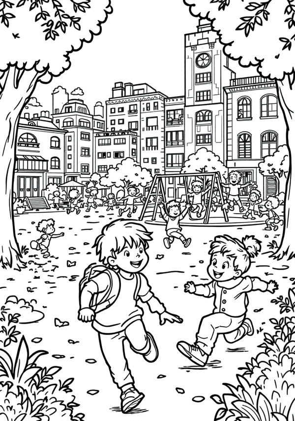Children playing in urban park coloring page