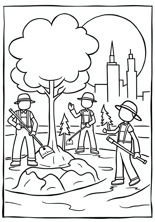 City workers planting trees coloring page