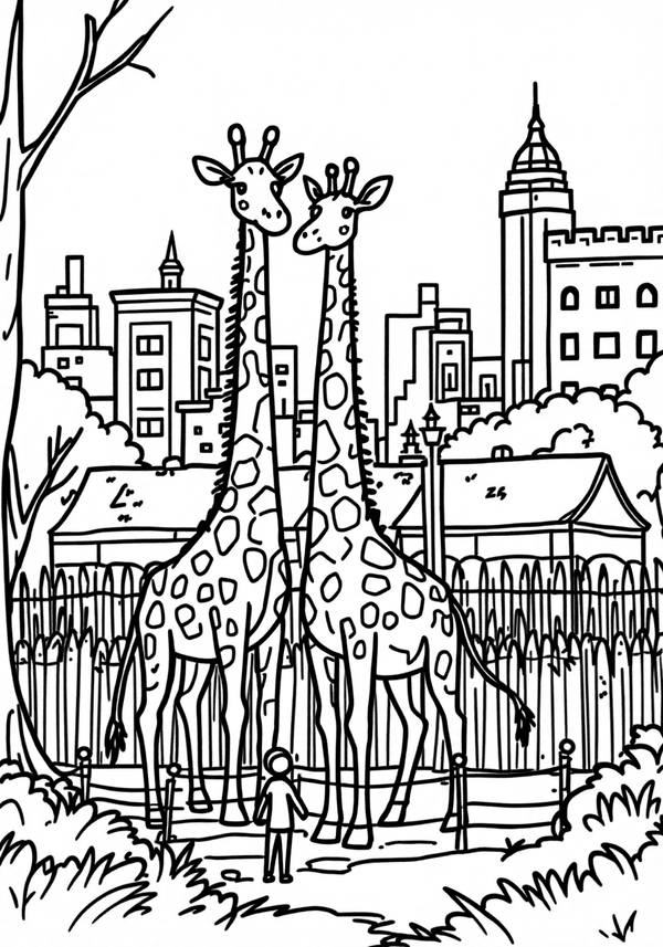City zoo with giraffes and visitors coloring page