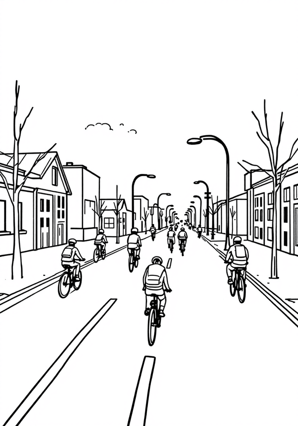 Cyclists on downtown bike lane coloring page