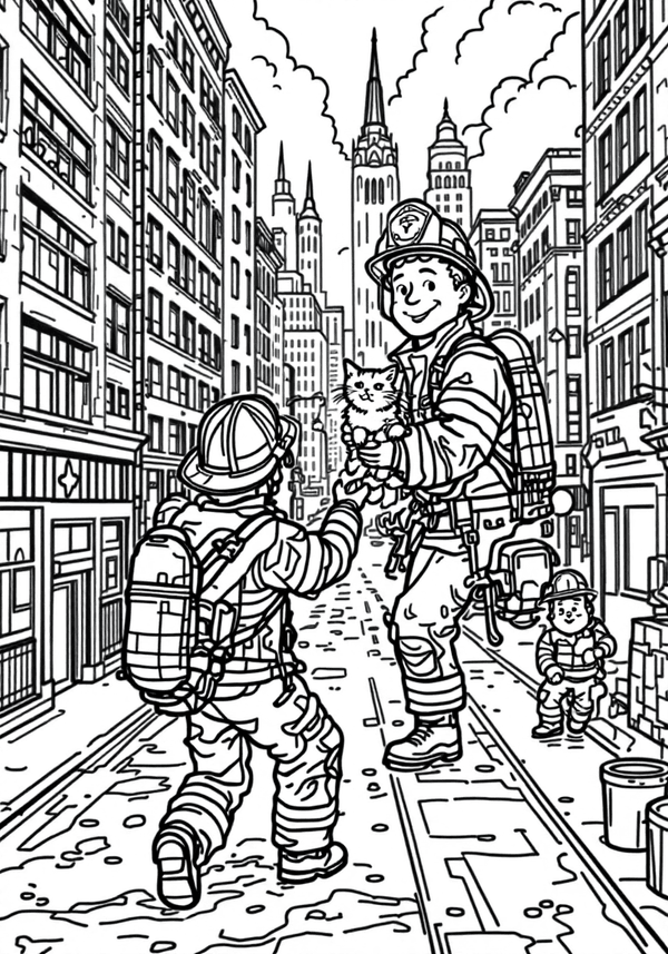 Firefighters in city saving a cat coloring page