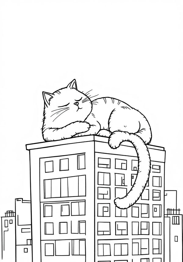 Giant cat sleeping on skyscraper coloring page
