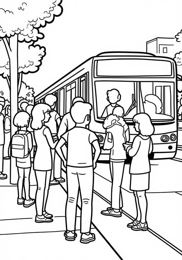 People waiting for a bus in the city coloring page