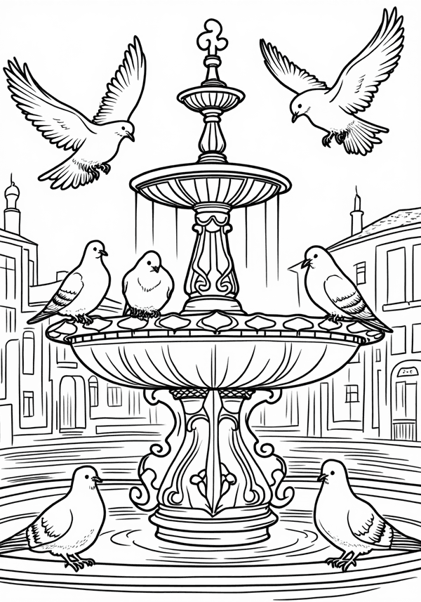 Pigeons perched on city fountain coloring page
