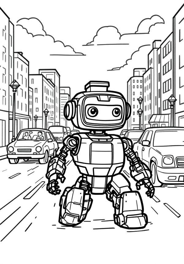 Pizza delivery robot in city traffic coloring page