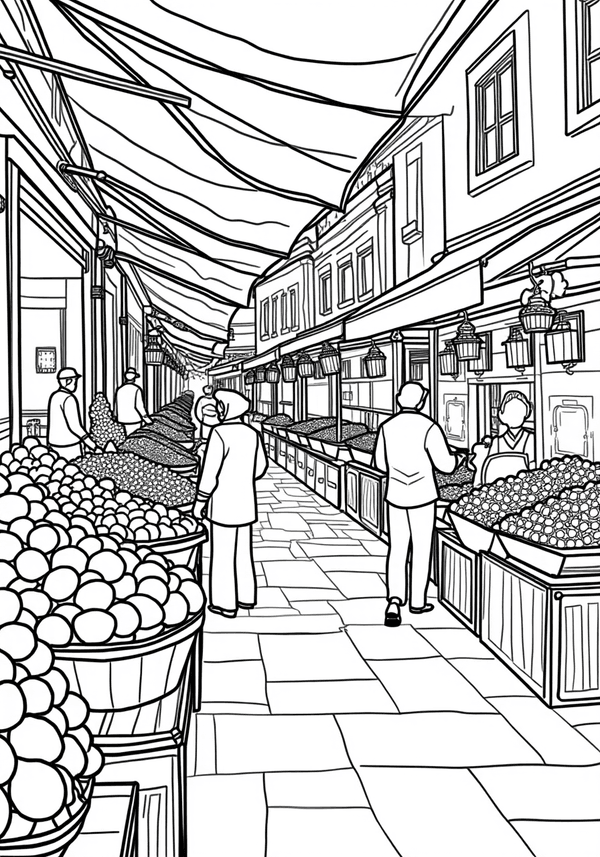 Street market vendors selling fruit coloring page