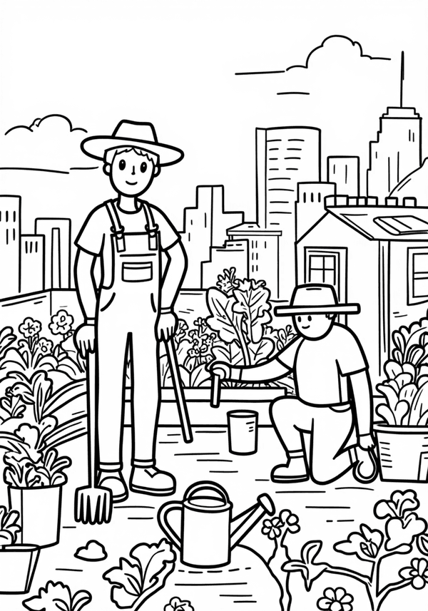 Urban farmers on rooftop garden coloring page