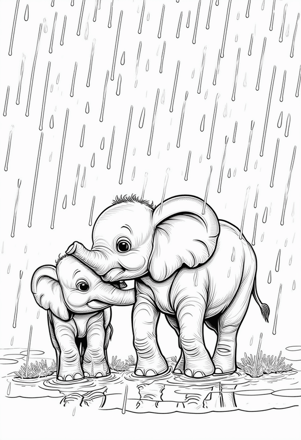 Baby elephants playing in the rain coloring page