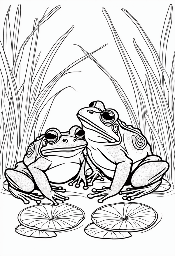 Charming frogs by the lily pads coloring page