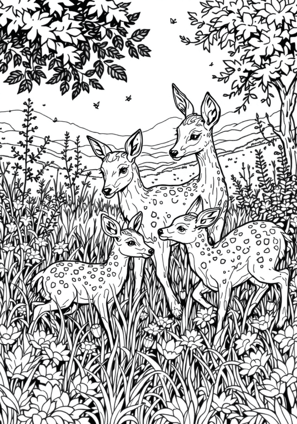 Fawns frolicking in a meadow coloring page