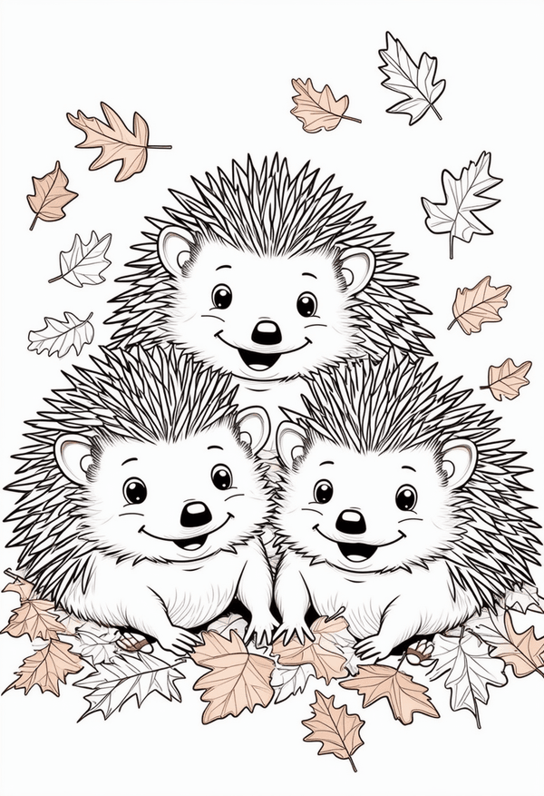 Happy hedgehogs in autumn leaves coloring page