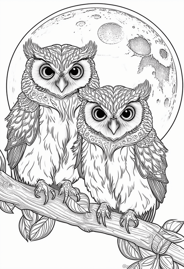 Little owls in the moonlight coloring page