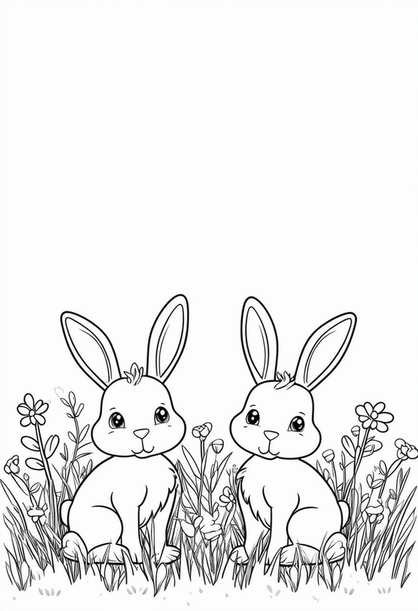 Sweet bunnies in the meadow coloring page