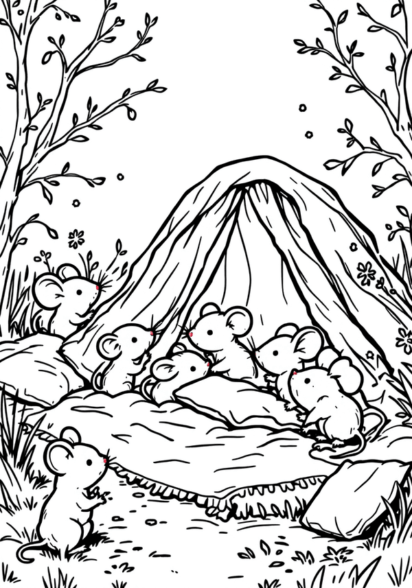Tiny mice building a blanket fort coloring page