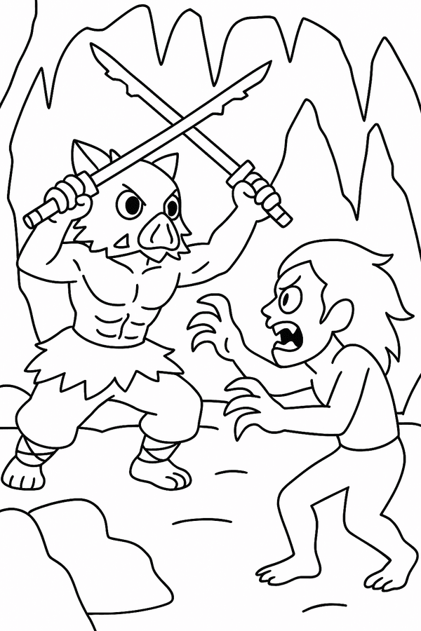 Inosuke battling a demon in a cave coloring page