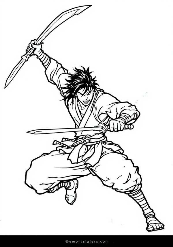 Inosuke charging with dual blades coloring page