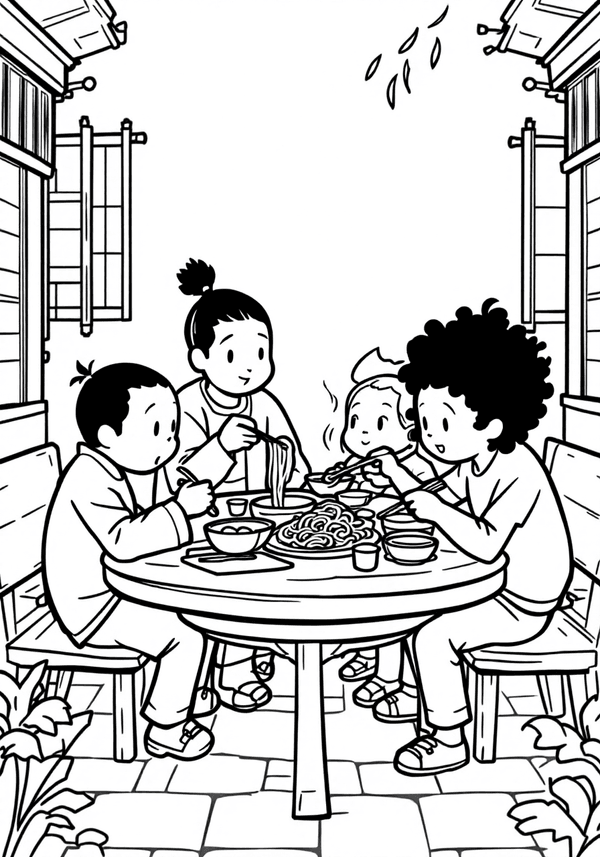 Tanjiro and friends eating udon coloring page