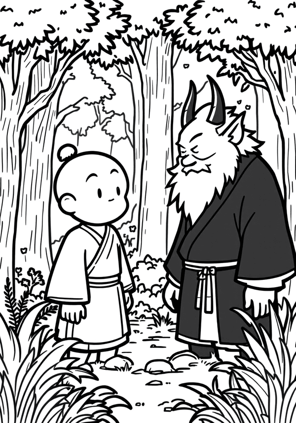 Tanjiro vs Rui in the forest coloring page