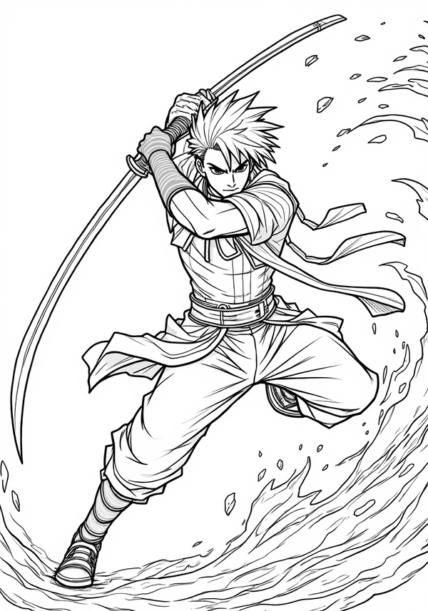Tanjiro wielding his water sword coloring page