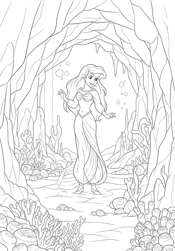 Ariel exploring an ocean cave coloring page