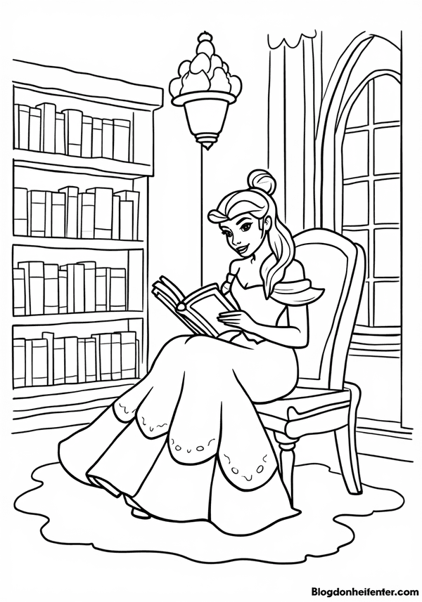 Belle reading in the castle library coloring page