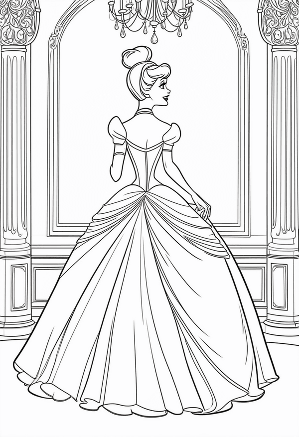 Cinderella in a magical ballroom coloring page