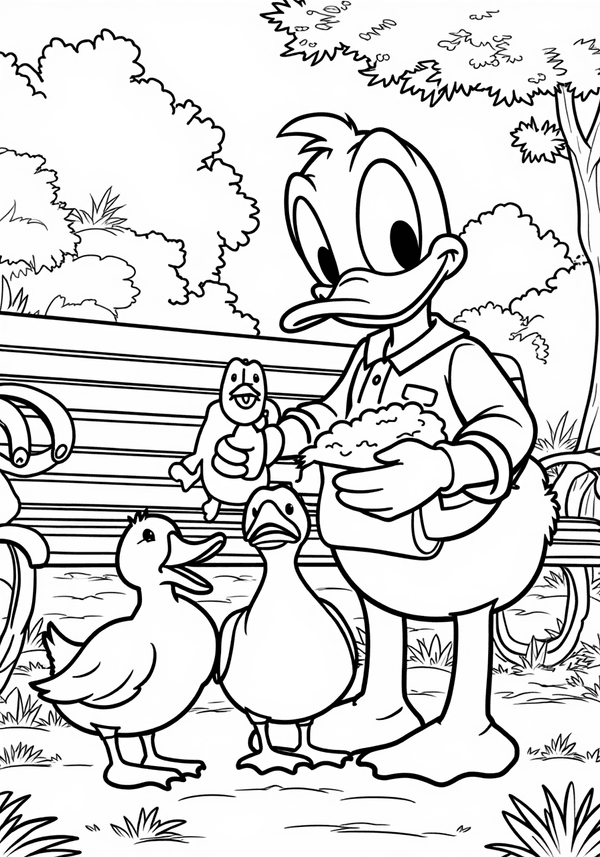 Donald Duck feeding ducks at the park coloring page