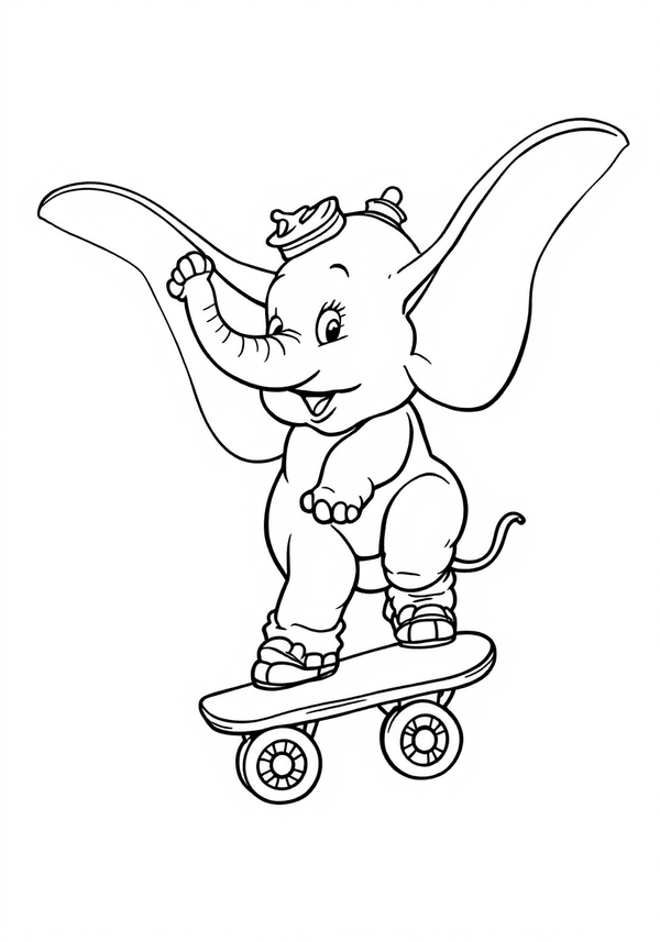 Dumbo balancing on a roller skate coloring page