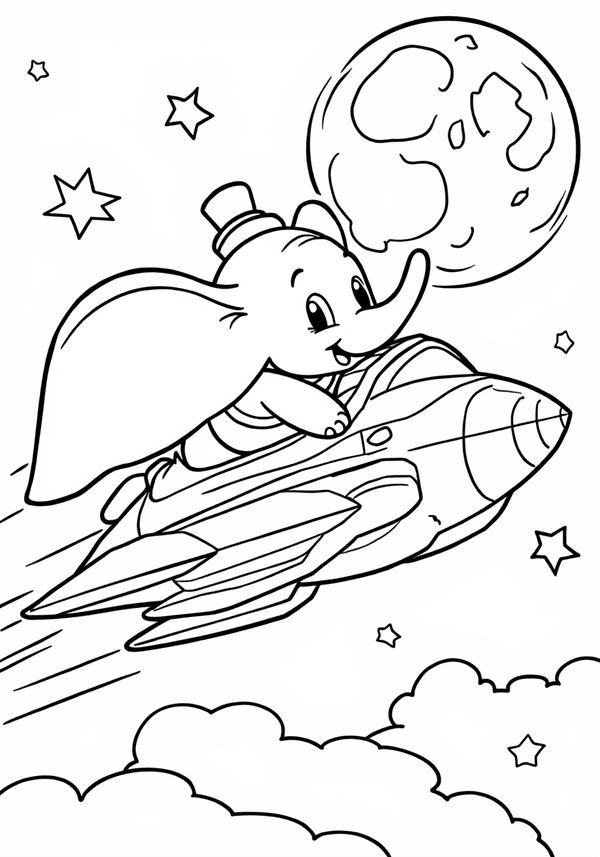 Dumbo flying a spaceship to the moon coloring page