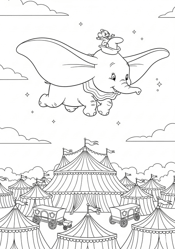 Dumbo soaring over the circus coloring page