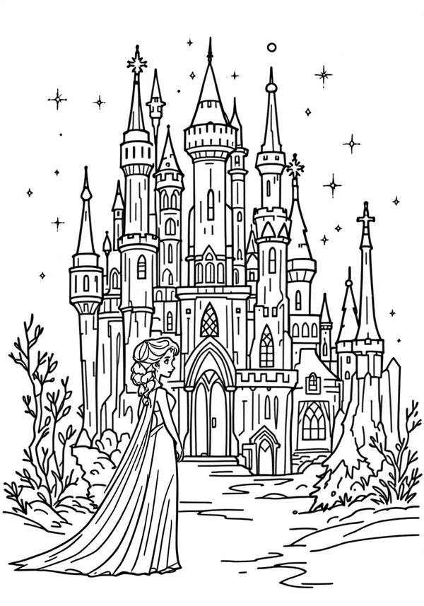 Elsa creating a snow castle coloring page