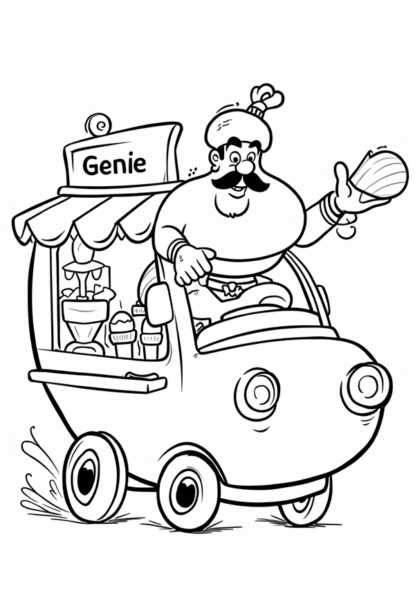 Genie running an ice cream truck coloring page