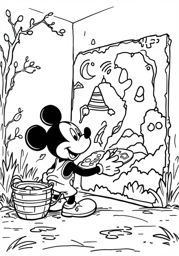Mickey Mouse painting a mural coloring page