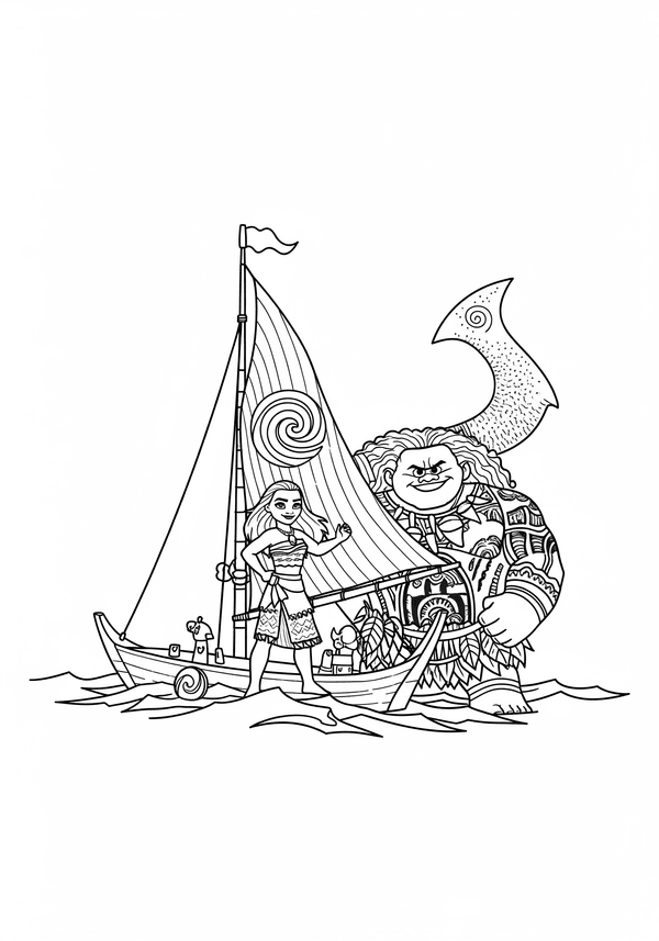 Moana sailing with Maui coloring page