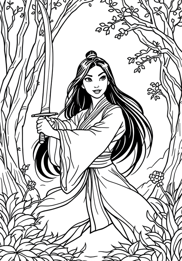 Mulan training with her sword coloring page