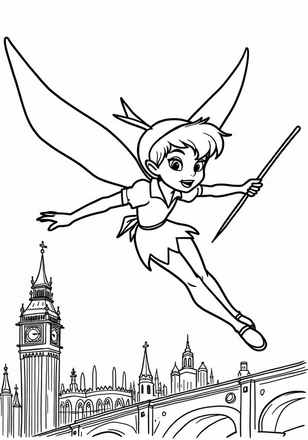 Peter Pan flying over London coloring page