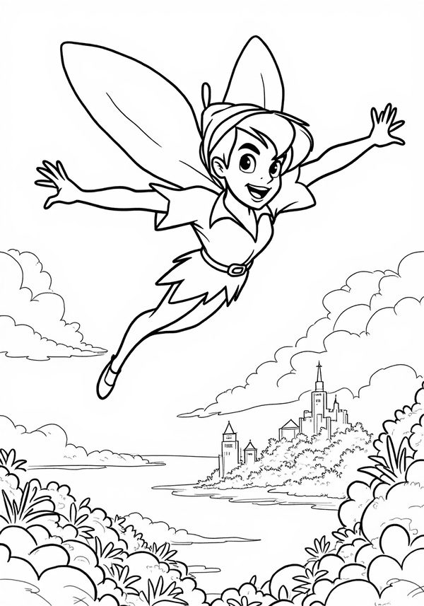 Peter Pan flying over Neverland coloring page