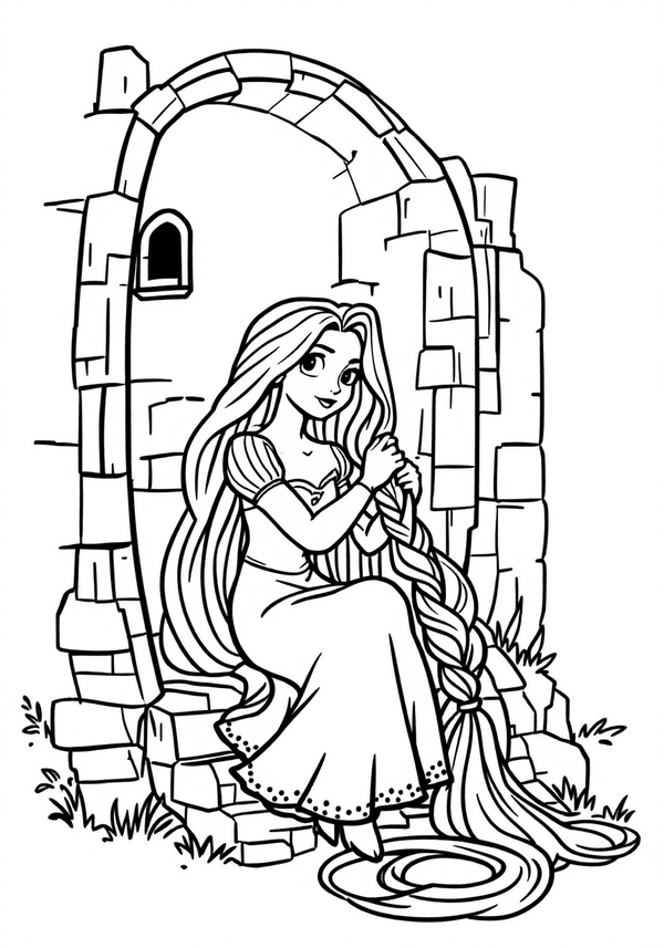 Rapunzel braiding her hair in the tower coloring page